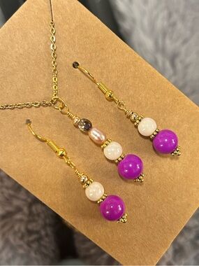 Handcrafted art glass genuine pearl necklace and earring set